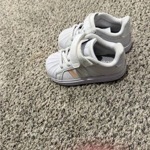 Adidas Kids White Sneakers with Orange Stripes